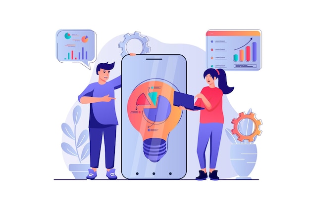 Business idea concept with people scene Man and woman generate new ideas analyzing data in app develop success strategy for new project Vector illustration with characters in flat design for web