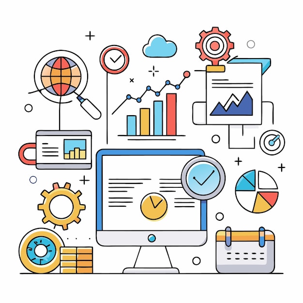 Business illustration of charts graphs and other business elements around a computer screen