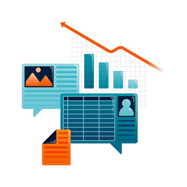 Vector business illustration of comment opinions and feedback on company sales spreadsheet reports