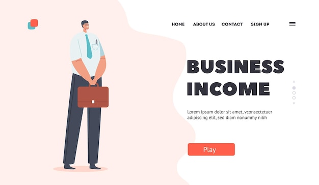 Business Income Landing Page Template Asian Male Character Single Man in Shirt Tie and Blue Pants with Briefcase