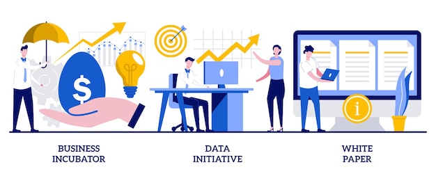 Business incubator, data initiative, white paper concept with tiny people. Startup development abstract vector illustration set. ICO investment document, new product launch, open platform metaphor.