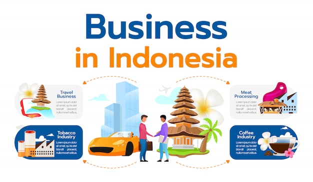 Business in Indonesia  infographic  template. Industrial segments illustration. Travel, tobacco, coffee industry. Meat processing. Poster, booklet graphic element with cartoon characters