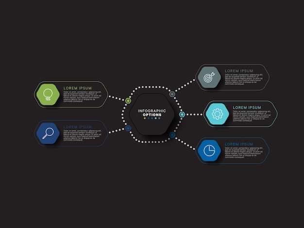 Business infographic template concept with hexagonal realistic elements in flat colors on a black