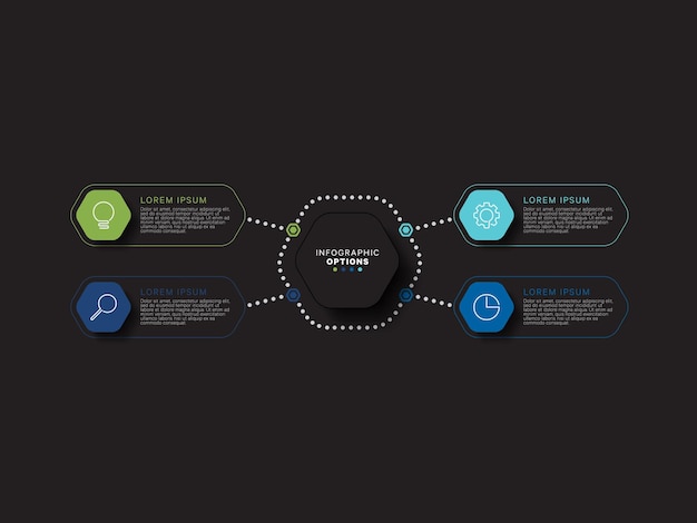 Business infographic template concept with hexagonal realistic elements in flat colors on a black