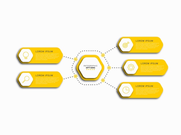 Business infographic template with five yellow hexagonal elements on a white background