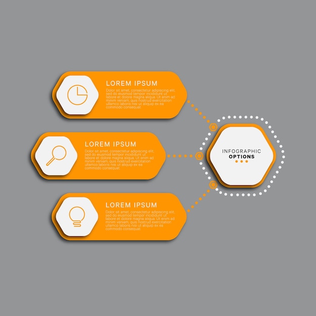 Business infographic template with three orange hexagonal elements on a grey background