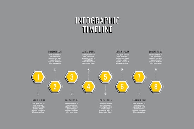 Business infographic timeline template with yellow hexagonal elements on a grey background