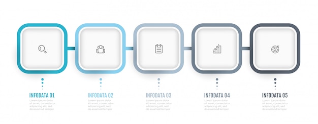 Business infographics. Process chart. TImeline with 5 options or steps. Can be used for annual report, info chart, web design.