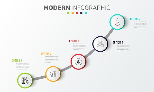 Business infographics timeline design template with icons and 5 steps