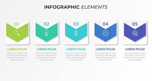 Business infographics Timeline with 5 steps options squares Vector template