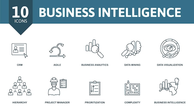 Business Intelligence icon set Collection of simple elements such as the crm agile business analytics data mining complexity project manager business intelligence