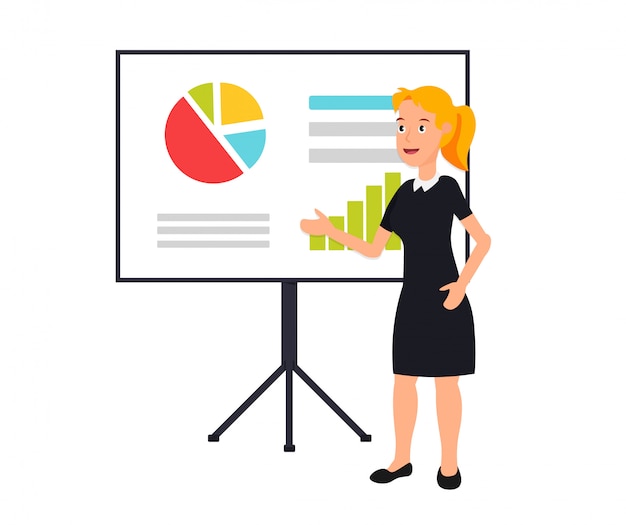 The business lady giving a presentation with infographics