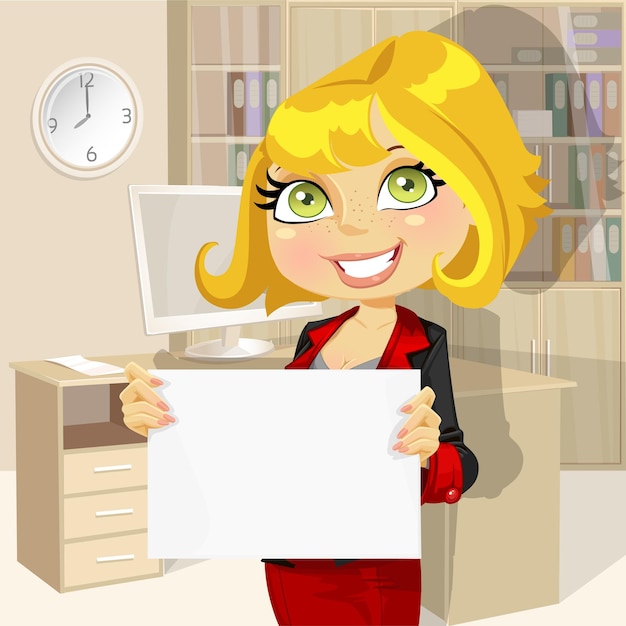 Business lady in office showing blank banner