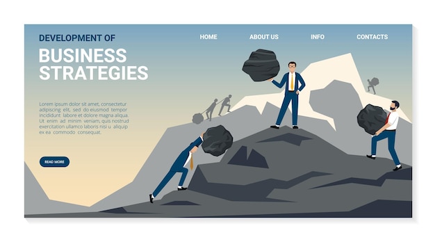 Business landing managers and bosses pushing big stones to the goal concept of heavy work and people ambition Vector web page template with place for text