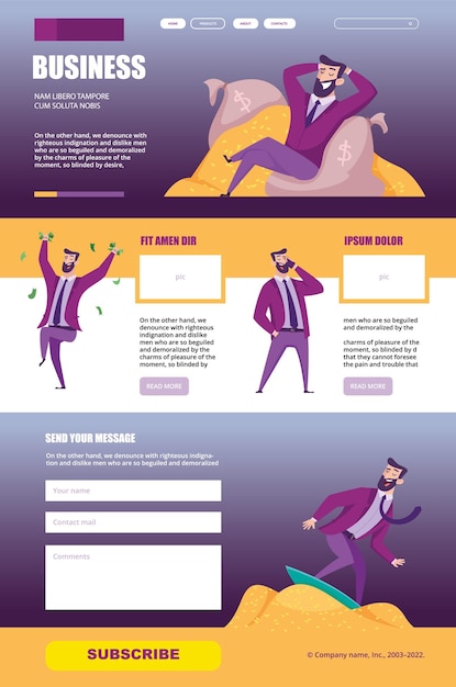 Business landing Web page template design ui buttons and pictures with business characters happy manager in action poses holding money vector landing of business web layout homepage illustration