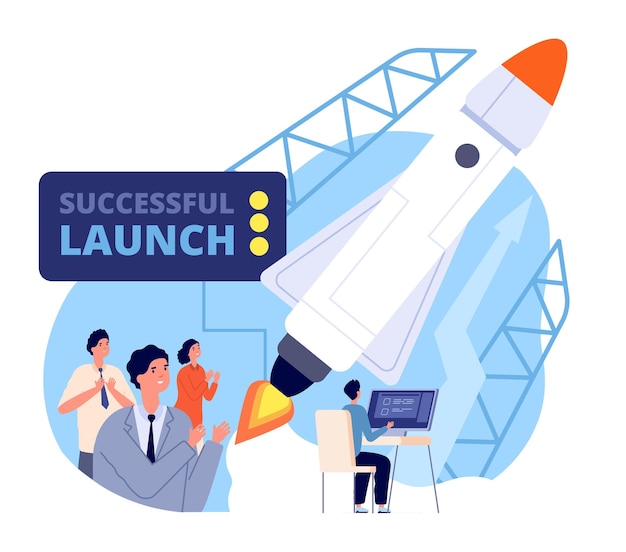 Business launch Launching startup fly spaceship new project Start process management work strategy or innovation mission utter vector concept