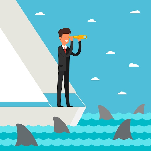 Business leadership and goal concept. Businessman stands in yacht looking through spyglass into future in ocean with shark. Flat design, vector illustration.