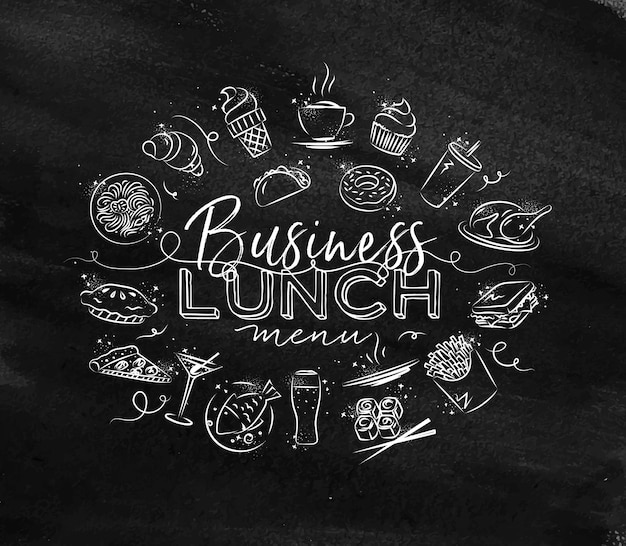 Business lunch monogram with food icon drawing with chalk on chalkboard