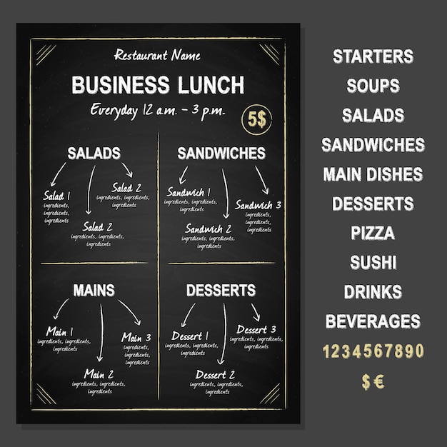 Business Lunch Template on chalkboard, vector illustration