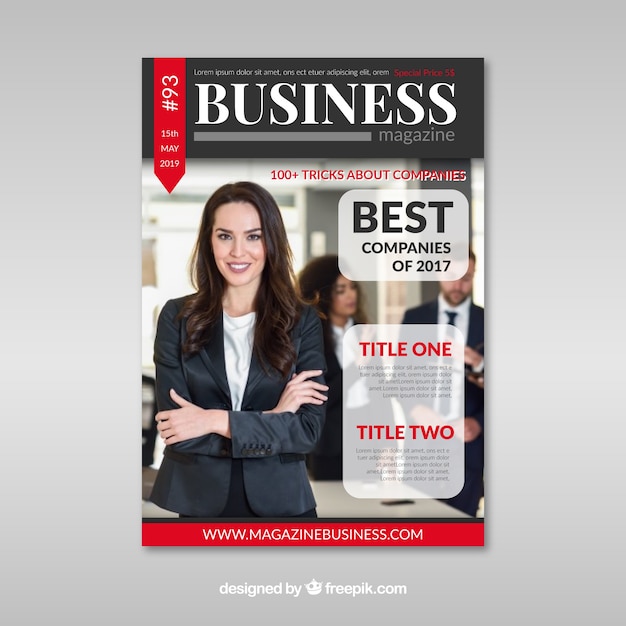 Business magazine cover template with model posing