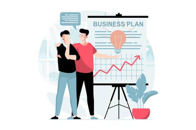 Business making concept with people scene in flat design Businessman showing presentation with new idea statistics and business plan to partner Vector illustration with character situation for web