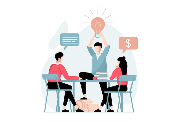 Business making concept with people scene in flat design Colleagues generate new ideas and solutions on brainstorming meeting in conference room Vector illustration with character situation for web