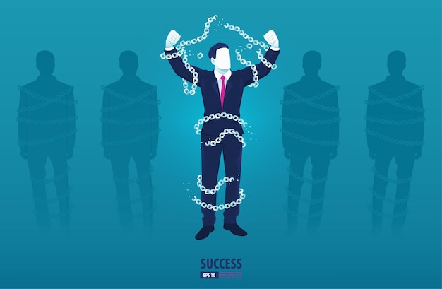 Business man breaking chain for freedom and spirit together with the silhouette of a businessman bou