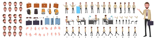 Business Man Character Design Model Sheet  Front side back view and Side walkcycle animation