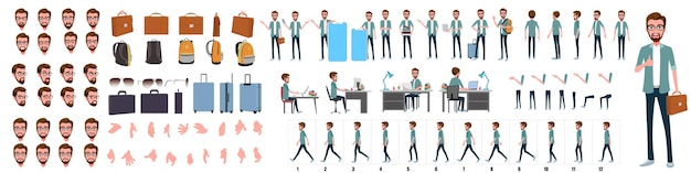 Business Man Character Design Model Sheet  Front side back view and Side walkcycle animation