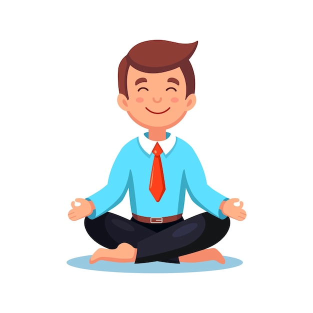 Business man doing yoga. Worker sitting in padmasana lotus pose, meditating, relaxing, calm down and manage stress