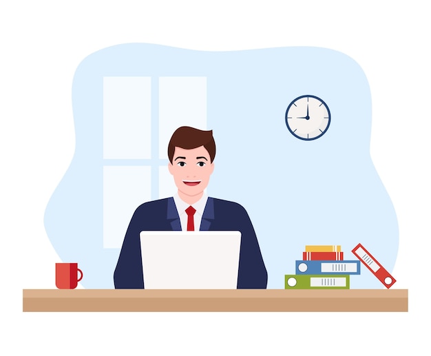 Business man entrepreneur in a suit working on a laptop computer at his clean and sleek office desk Flat style color modern vector illustration