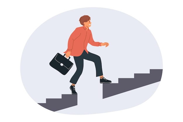 Business man grows professionally by climbing up stairs and overcoming obstacles from missing steps