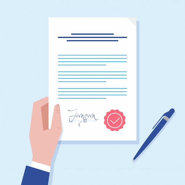 Business man hand holding contract agreement illustration