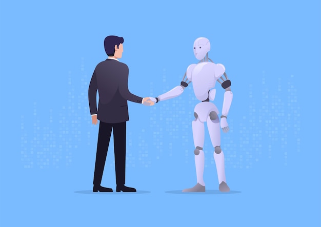 Business man handshake with robot human and artificial intelligence concept vector illustration