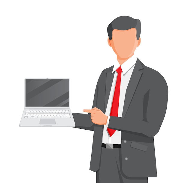 Business man holding laptop and pointing finger