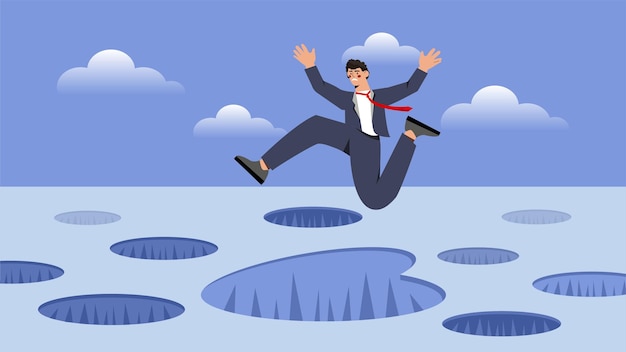 Business man jumps over pits vector concept