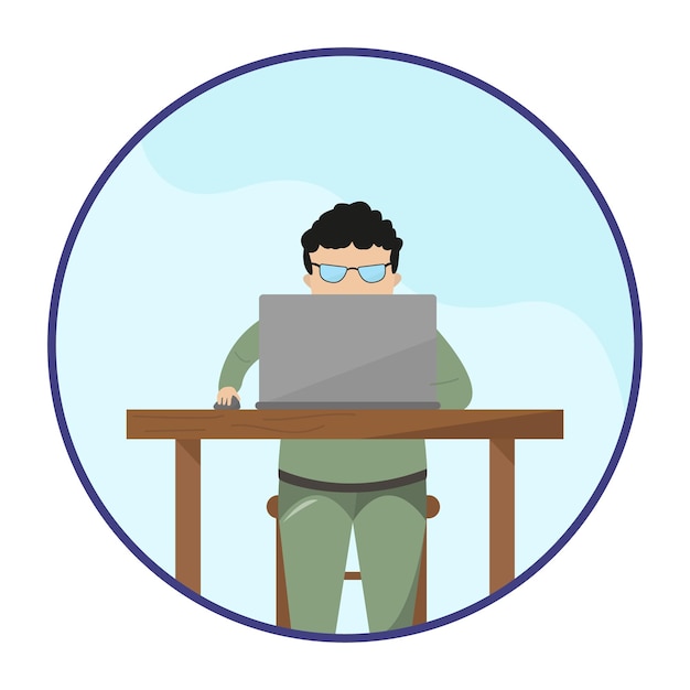 Business man and laptop. Work at the computer. Vector illustration in cartoon style. Vector