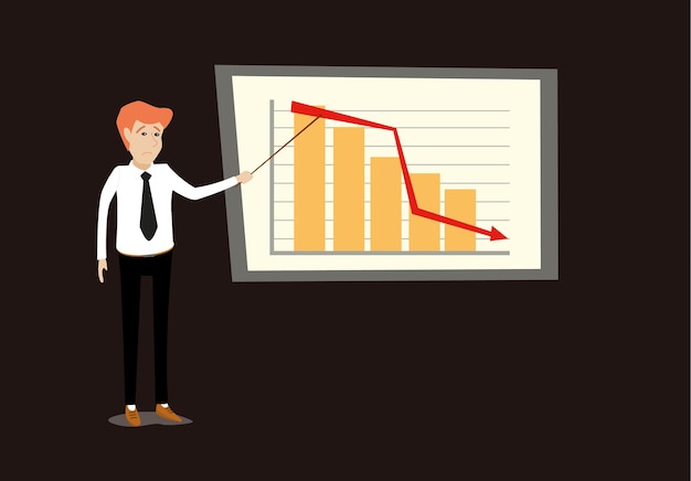 business man making presentation by point at disappointed sales loss graph bar chart