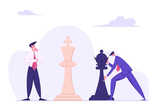 Business Man Making Strategic Chess Move with Black King Piece Flat Illustration