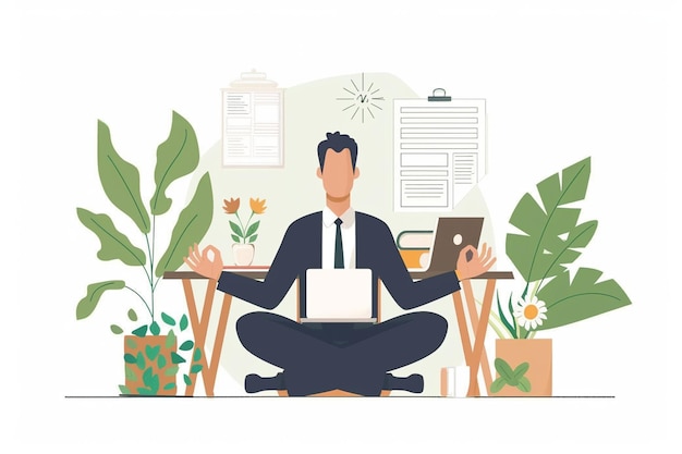 Vector business man meditating in office