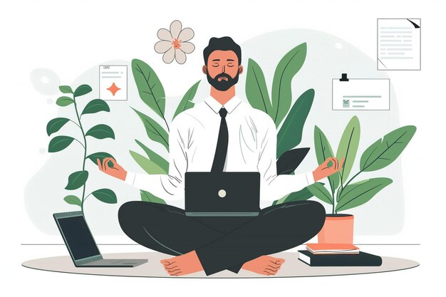 Vector business man meditating in office