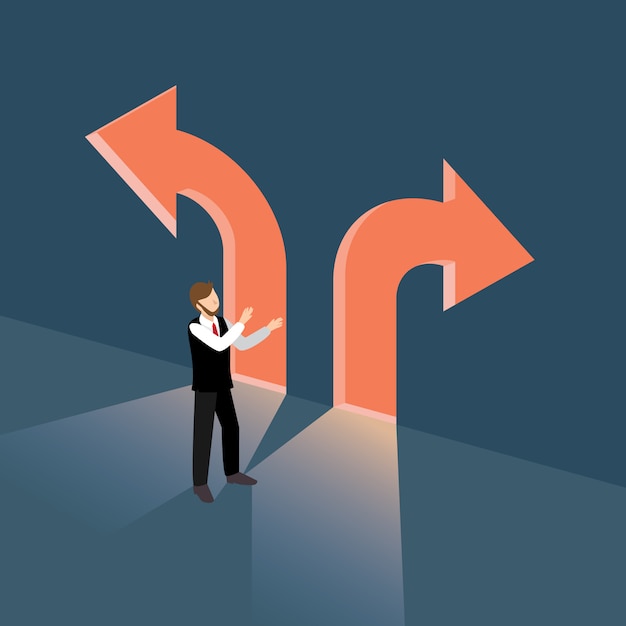 business man standing in front of confusing arrow with isometric concept