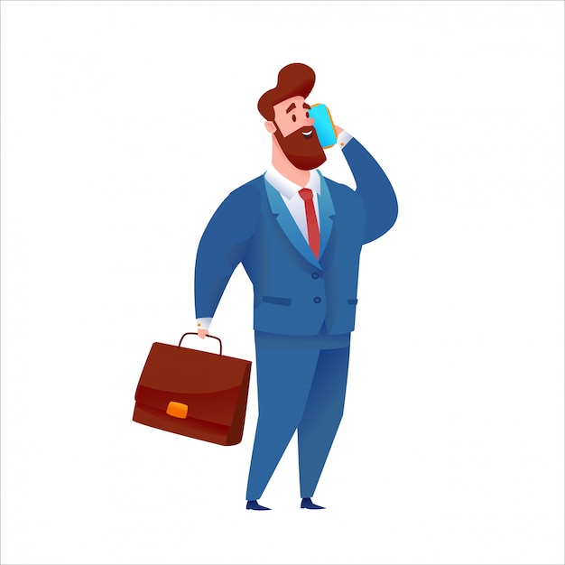  business man in suit talking phone holding suitcase.