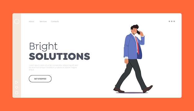 Business Man Talking by Smartphone Walking Landing Page Template Young Confident Businessman Character in Formal Wear Go at Work Speaking by Mobile Phone Cartoon People Vector Illustration