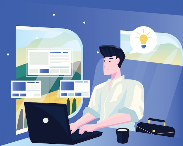 Business man in the train working on laptop. Flat   illustration