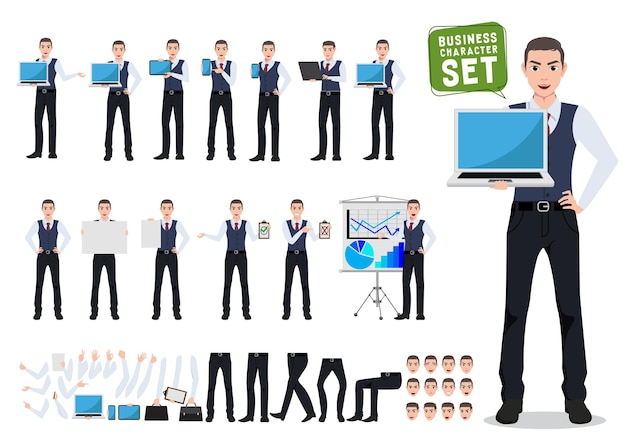 Business man vector character creation set with male office person showing laptop screen