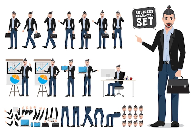 Business man vector character set Male creative designer or artist holding briefcase