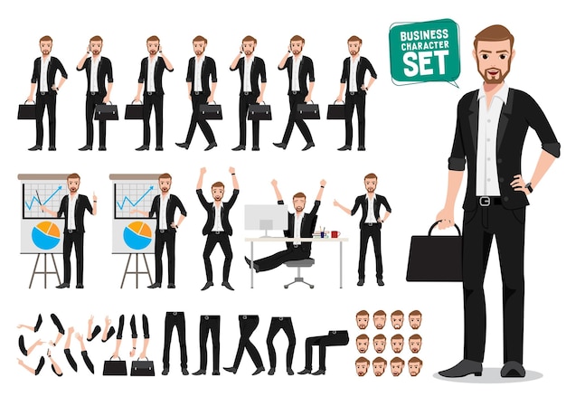 Business man vector character set Male office person cartoon character creation with different pose