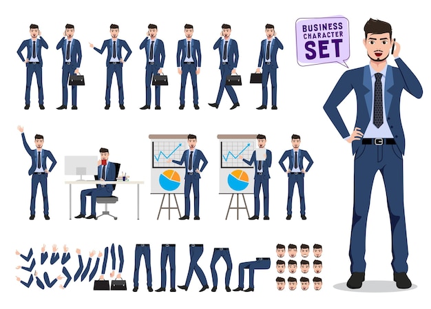 Business man vector character set Male office  worker holding mobile phone and talking