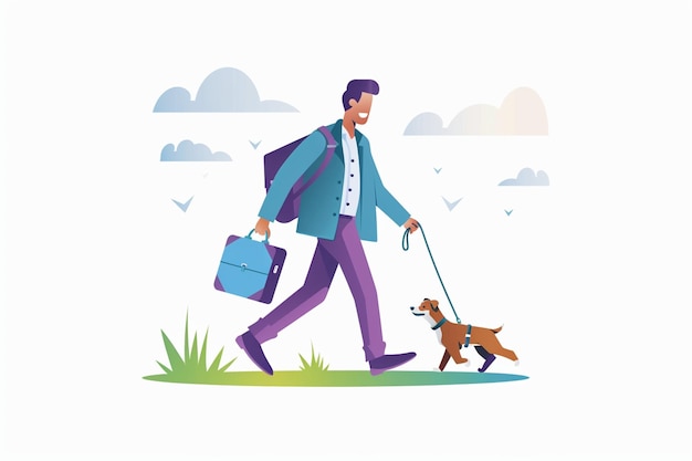 Vector business man walking dog on leash